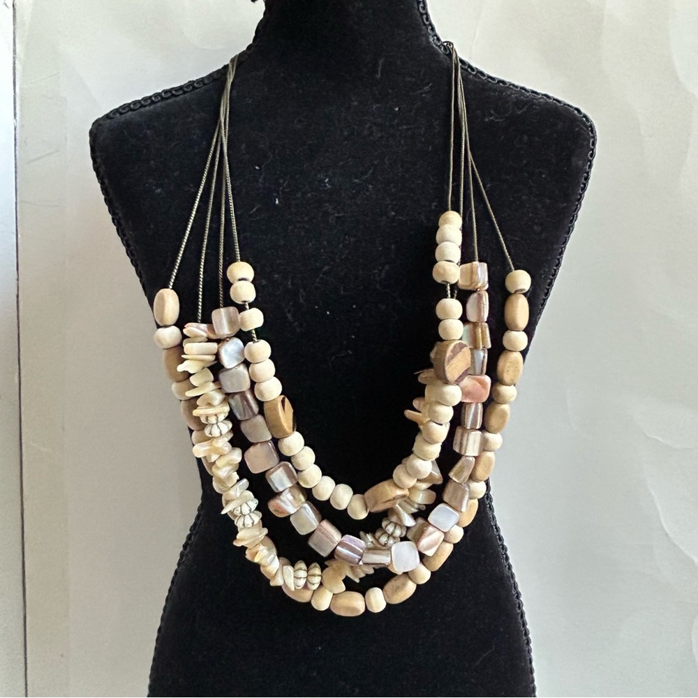 Layered Multi-Strand Pearlized and Wooden Bead Necklace Shell Beige Statement
